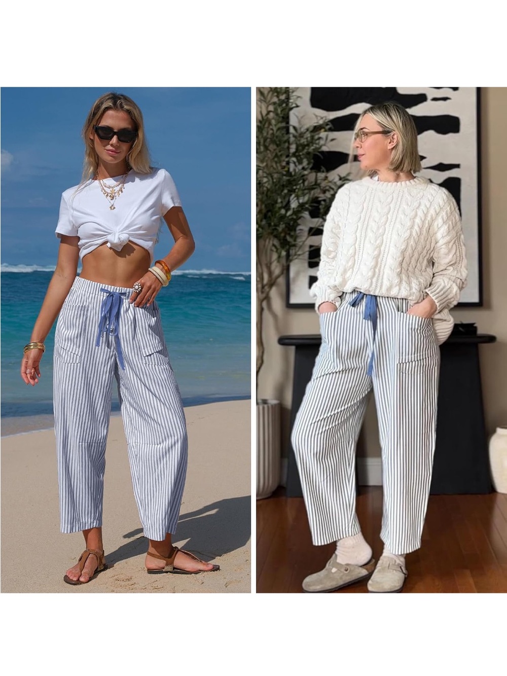 Women’s Deep Blue and White Striped Casual Drawstring Pants